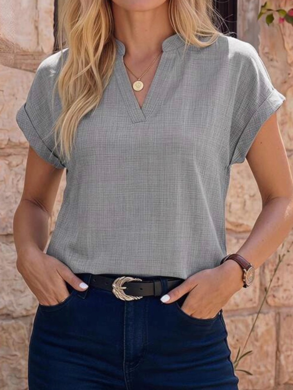 SHEIN Light Gray Split-Neck Short Sleeve Top